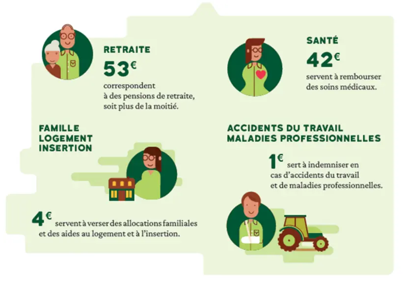 Figure représentant la répartition des cotisations MSA entre les différentes prestations sociales, pour 100 € de cotisations versées. 