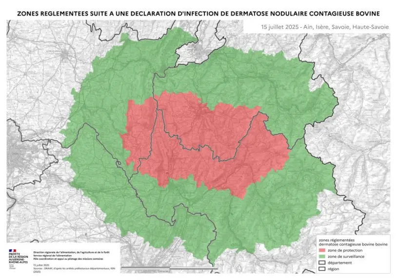 Carte des zones réglementées pour la dermatose nodulaire contagieuse bovine au 15 juillet 2025