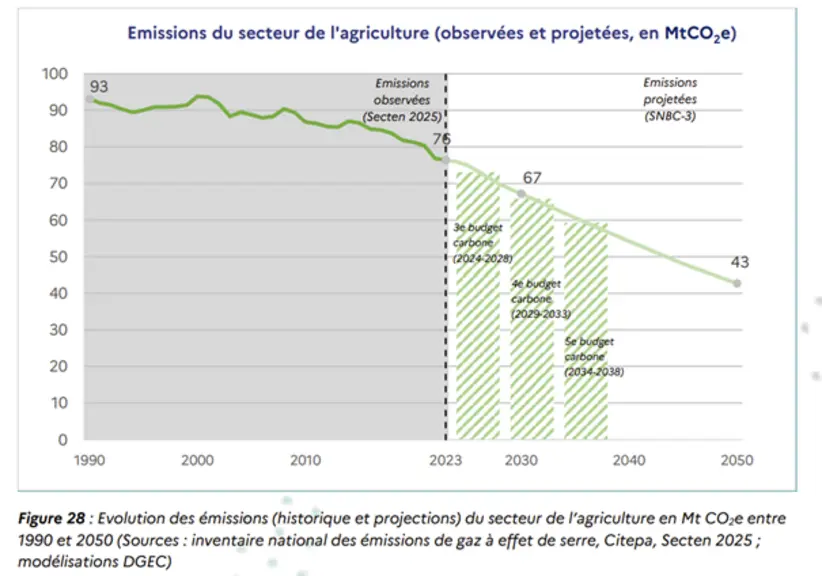 Graphique de l'évolution et des projections des émissions du secteur de l'agriculture en MtCO2e