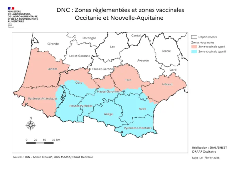 Zones vaccinales du Sud-Ouest de la France pour la DNC au 27/02/2026