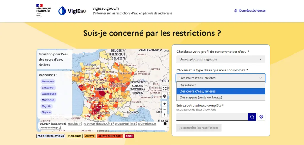Capture d'écran du site VigiEau qui permet de retrouver les restrictions d'eau en vigueur