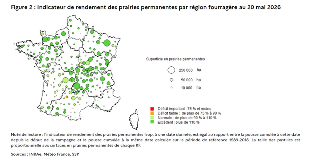 Carte de l'indicateur de rendement des prairies par régions fourragères au 20 mai 2026