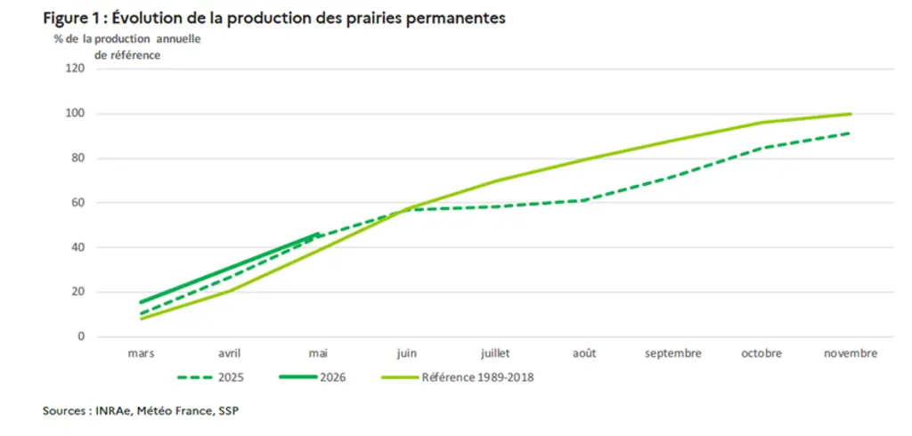 Graphique de l'évolution de la production des prairies permanentes en pourcentage de la production annuelle de référence.