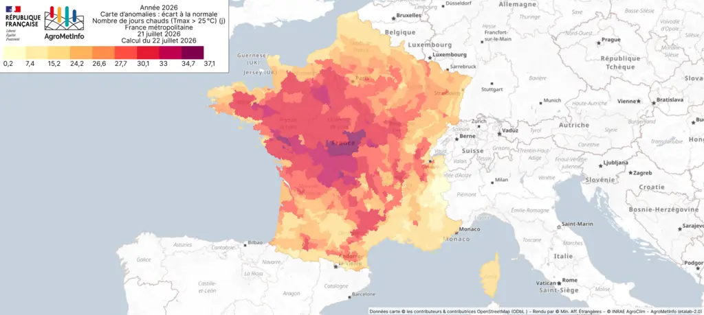 Carte de la France représentant l'écart à la normale du nombre de jours chauds (>25 °C) au 21 juillet 2026