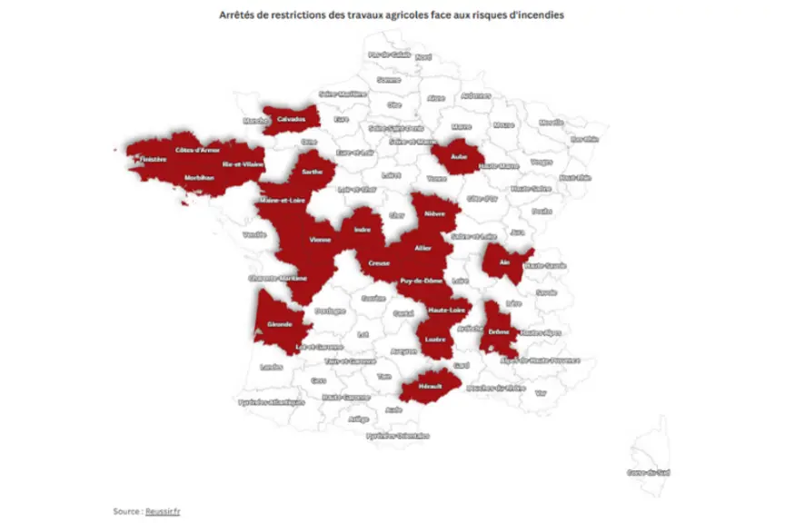 Carte de France des départements soumis à un arrêté de restriction des travaux agricoles comme la moisson pendant la période forte sécheresse.