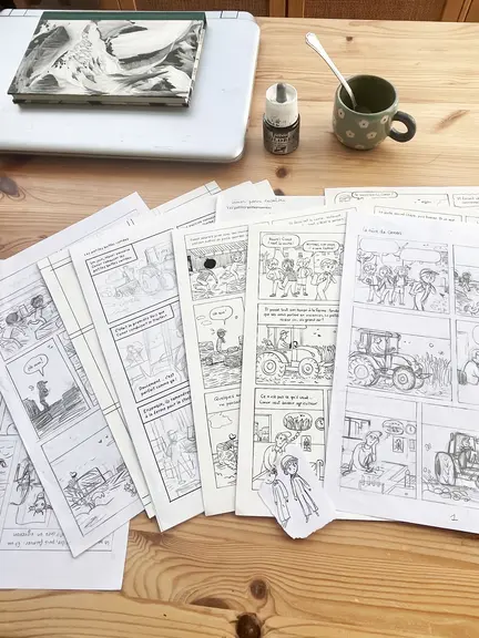 Planches de la bande dessinée Conor l'agricultor, à paraitre à l'automne 2026.