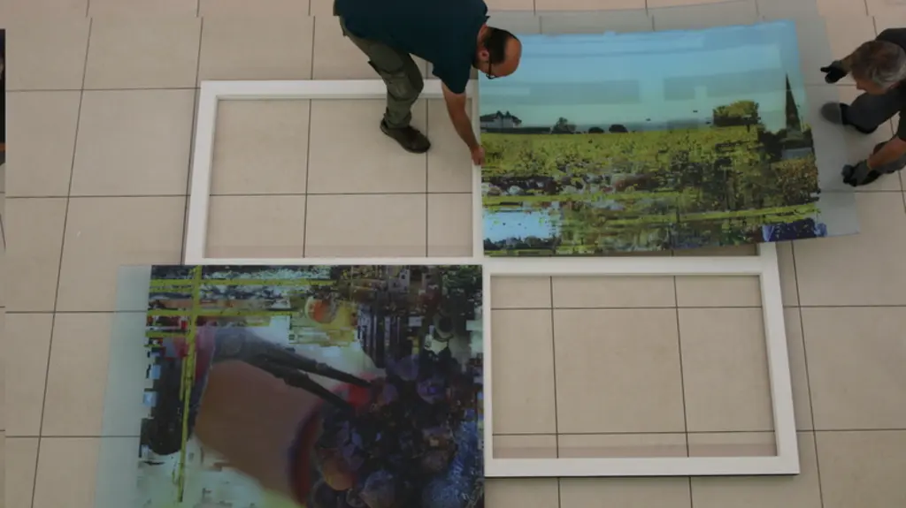 Franck Boucher installe Le Précieux, l'une de ses oeuvres Wine Pixels en format XXL. © M.-N. Charles