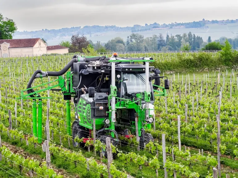 Dans les vignes intermédiaires, certains enjambeurs monorangs peuvent traiter 5 rangs d'un seul passage (4 rangs complets et 2 demi-rangs), ce qui n'e