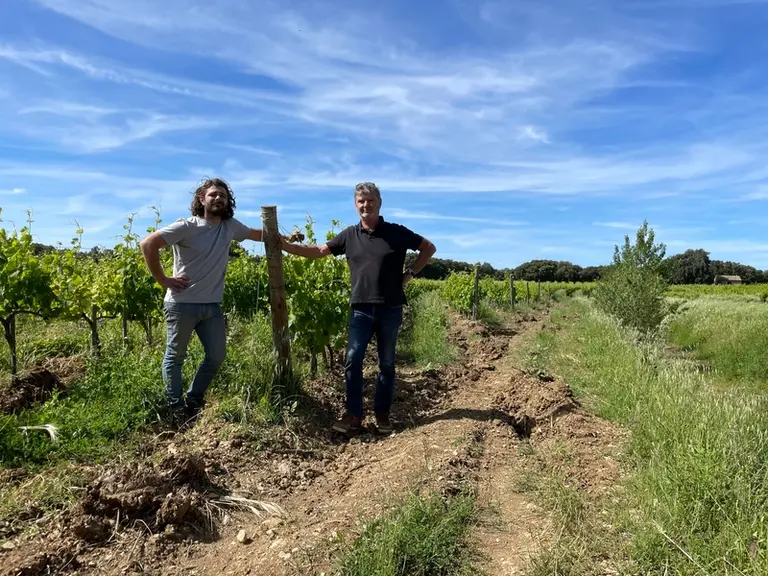 Franck Mousset (à droite) et son fils Thomas ont adopté certains principes de la permaculture, comme la plantation de la vigne selon les courbes de ni