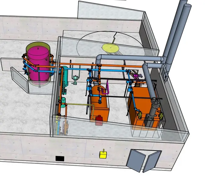 Plan de la chaufferie avec le dessileur en jaune, les chaudièes en orange, le ballon tampon en rose © Energy& +