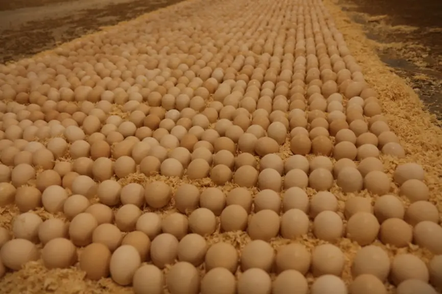 Les 30 000 poussins vont éclore le lendemain et commencer à manger à leur rythme dans les trois jours qui suivent.