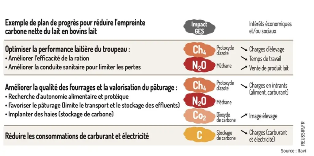 Exemple de plan de progrès pour réduire l'empreinte carbone nette du lait en bovins lait