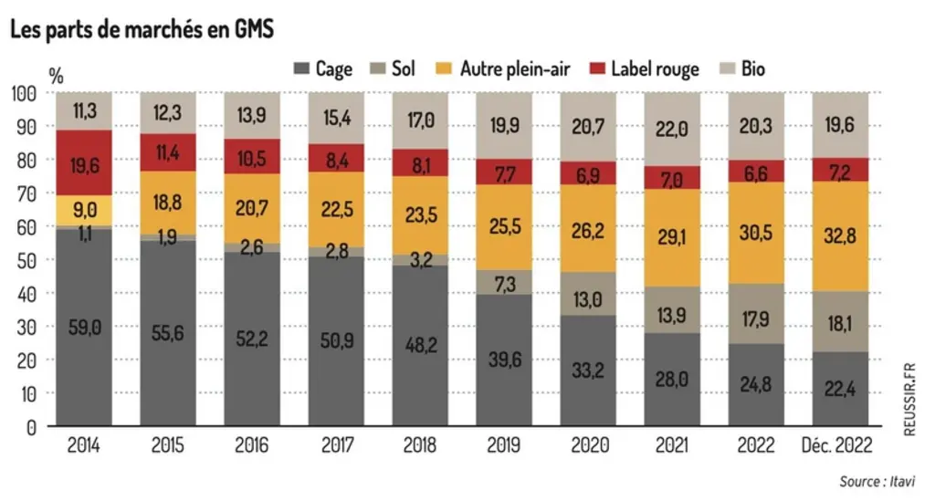 En 2022, la transition des achats des ménages vers les oeufs alternatifs s’essouffle, le bio est en retrait pour la première fois