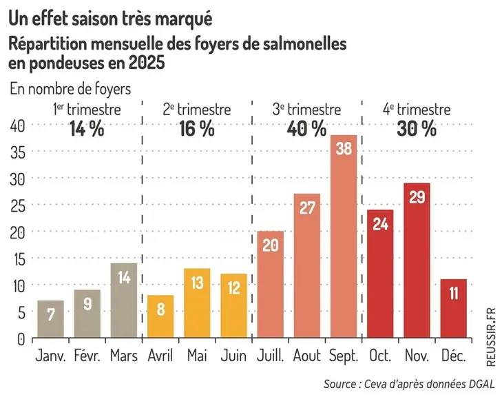 <em class="placeholder">Graphique = Un effet saison très marquéRépartition mensuelle des foyers de salmonelles en pondeuses en 2025</em>