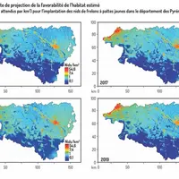 Carte de projection de la favorabilité de l’habitat estimée (nids attendus par km2) pour l’implantation des nids de frelons à pattes jaunes dans le dé