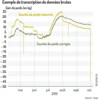 Courbe de poids mesuré (en bleu) et la courbe de poids corrigée (en vert), où les interventions majeures et les accidents sont