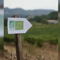 Panneau dans un champ avec les labels bio européen et AB
