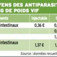 ATTENTION, une erreur s’est glissée dans ce tableau, le coût moyen de traitement contre les strongles gastro-intestinaux avec un produit injectable n'