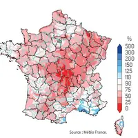 carte rapport à la normale 1981/2010 du cumul de précipitations efficaces de septembre 2018 à juillet 2019 et