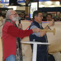 Le commissaire-priseur anime marteau à la main la vente aux enchères de femelles de boucherie blondes d'Aquitaine.