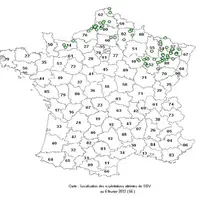 La localisation des cas de Schmallenberg en France au 6 février 2012