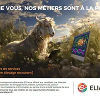 Publicité d'Eliance avec une chèvre regardant un génome sur un écran d'ordinateur.
