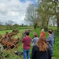 Des éleveurs caprins échangent dans une prairie devant des chèvres.