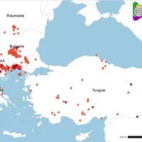 Localisation des foyers de clavelée en Grèce, Bulgarie, Macédoine du Nord, Roumanie, Serbie et Turquie depuis juillet 2025