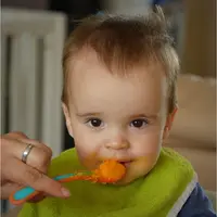 Enfant en bas âge mangeant des fruits et légumes en purée