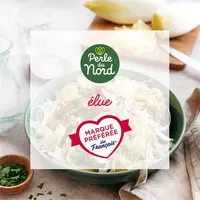 Le logo de Perle du Nord et le logo de Marque Préférée des Français, placés sur une photo d’une assiette d’endives cuisinées.