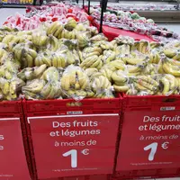 un rayon de bananes 1er prix dans leur sachet en plastique, avec l'indication "des fruits et des légumes à moins de 1€"