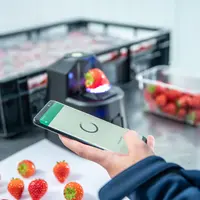 Une personne prend en photo des fraises; en arrière plan, une fraise est posée sur un scanner
