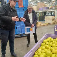Des sociétaires de C'est Qui Le Patron en visite dans une station fruitière de pomme