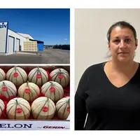 Montage photo : une entreprise avec camion, une cagette de melon, et la photo portrait de Léa Gérin