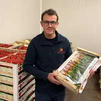 Olivier Lemouzy tenant une cagette de légumes, avec un arrière fond des palettes de fraises et des palettes de salades