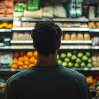 un homme devant un rayon de supermarché