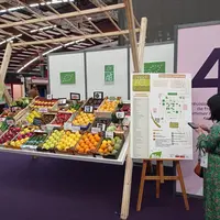 stand à l'entrée d'un salon fruits et légumes. Etal de fruits et légumes, plan du salon et une visiteuse qui le consulte