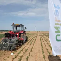 Une bineuse équipée de moulinets TILT Rotovert, permettant de désherber le rang lors du binage, sur un champ. Devant, le drapeau de l'Unilet