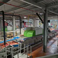 Ligne de conditionnement avec des pommes de la station fruitière de Pomanjou à Verrières-en-Anjou dans le Maine-et-Loire.