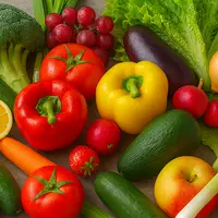 Des fruits et des légumes sur une table, dont des tomates, poivrons, poireaux, pommes, oignons, carottes, aubergines et choux-fleurs.