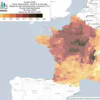 Carte d'anomalie : écart à la normale. Moyenne des températures moyennes en °C en France métropolitaine pour le début de
