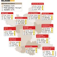 Le poids spécifique affiche un très bon niveau dans toute la France, et la teneur en protéine s'en tire plutôt bien. © Réussir / FranceAgrimer, ...