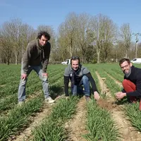 Martin Neeser et Étienne Cousin, agriculteurs ; Sébastien Vatin, Ceta de Romilly-sur-Seine. "Dans les orges, un rang tous les 60 centimètres a été lai