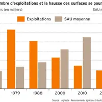 Le nombre des exploitations françaises a baissé de 21 % entre 2010 et 2020, un rythme moins rapide qu'au cours des décennies précédentes.
