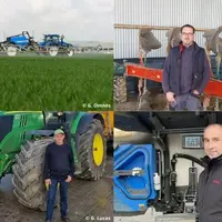 Mosaïque de photos. En haut à gauche : pulvérisateur dans un champ de blé au printemps pour une intervention fongicides. En haut à droite : François G