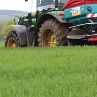 Epandeur d'engrais dans un champ de céréales