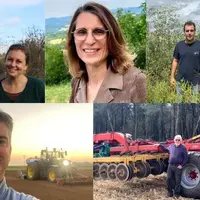1re ligne :  Mathieu Etchegaray et Fanny Auclair installés, dans les Pyrénées-Atlantiques, Sylvie Daguet, agricultrice en Eure-et-Loir, Alexis Deville