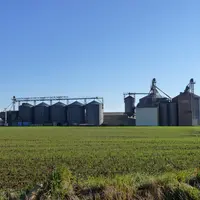 Silos de stockage au milieu d'un champ.
