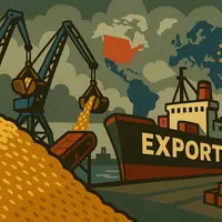 Illustration d’un port de commerce avec des grues, un navire cargo et un tas de blé symbolisant les exportations céréalières françaises vers l’étrange