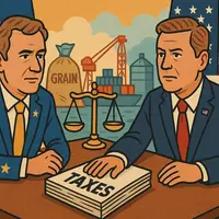Illustration représentant un diplomate européen et un représentant américain en pleine négociation sur les taxes, avec en arrière-plan des silos et co